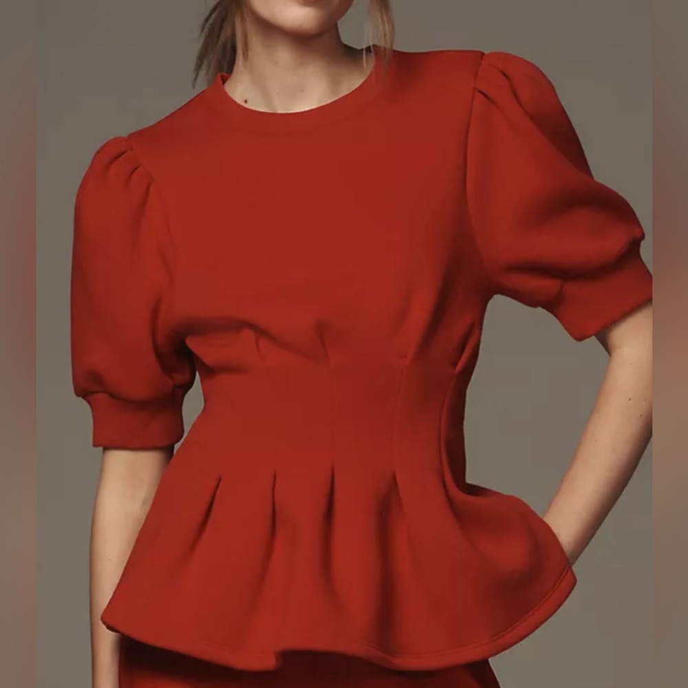 NWT ANTHROPOLOGIE Maeve Puff Sleeve Pleated-Waist Peplum Top SIZE S - Picture 1 of 6